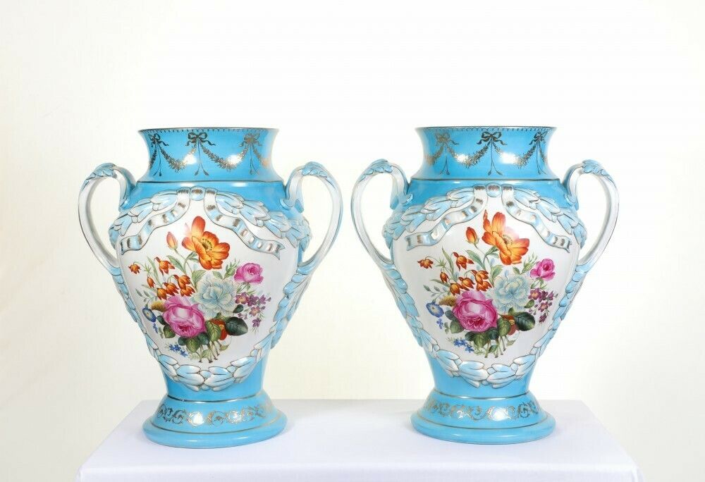 photo buy Pair Sevres Porcelain Vases Floral Urns French