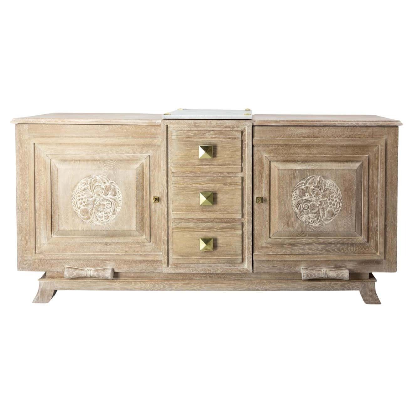 Buffet Art Deco Cerused Oak Marble Top & Brass, French, Circa 1930