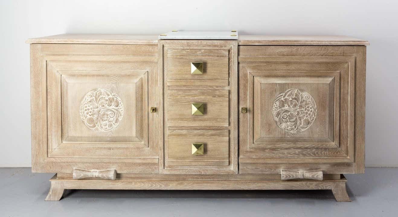 Buffet Art Deco Cerused Oak Marble Top & Brass, French, Circa 1930 photo furniture