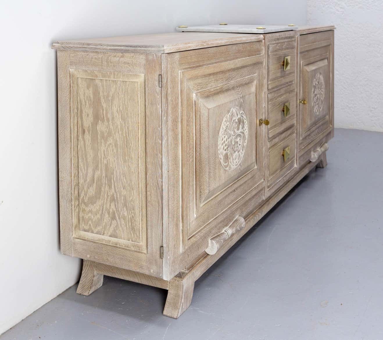 Buffet Art Deco Cerused Oak Marble Top & Brass, French, Circa 1930 photo Furniture