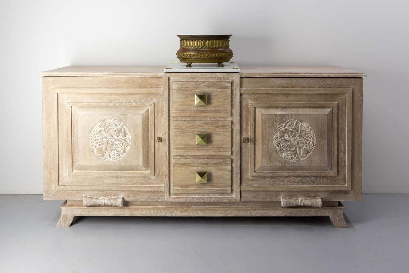 photo vintage Buffet Art Deco Cerused Oak Marble Top & Brass, French, Circa 1930