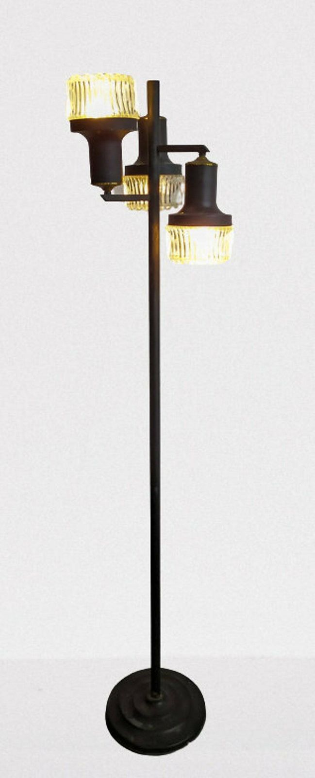 Vintage Floor Lamp Midcentury Modern Design Staff Stilux Black Floor Lamp 3 Glass Lights 50s 60s Planter photo furniture