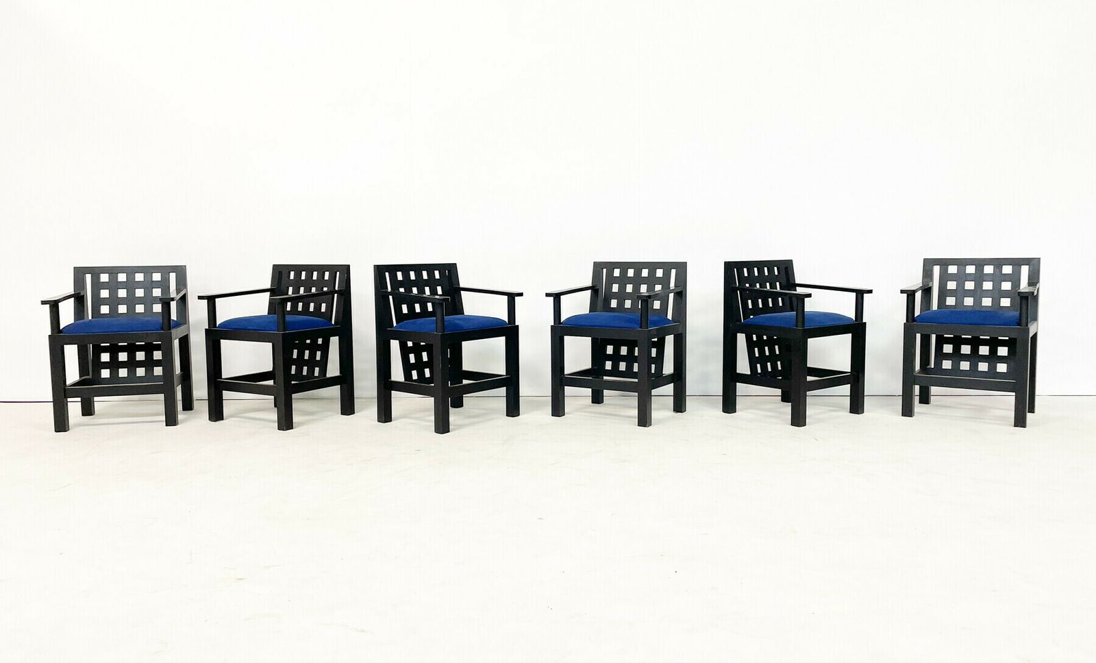 Set Of 6 Post Modernist Wood & Velvet Armchairs
