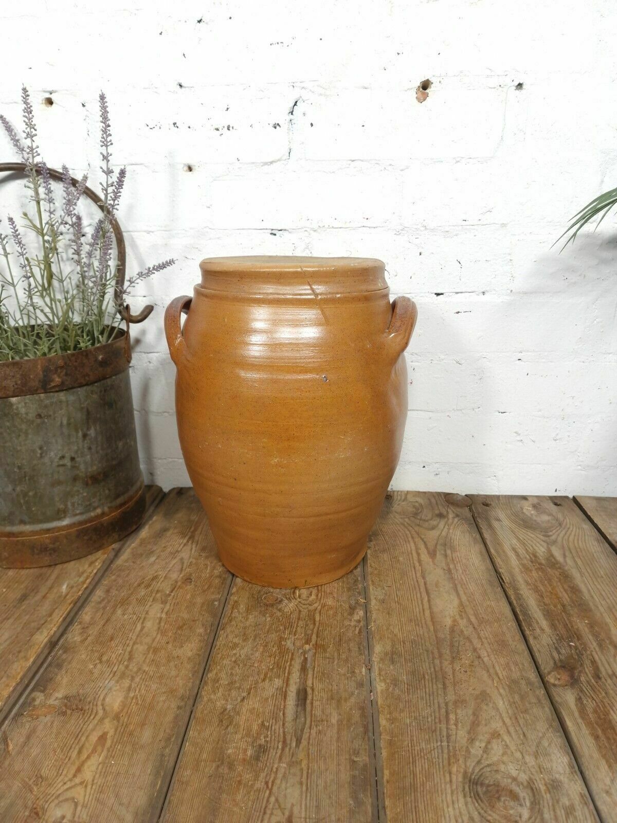 Large Antique French Stoneware Glazed Confit Pot With Lid