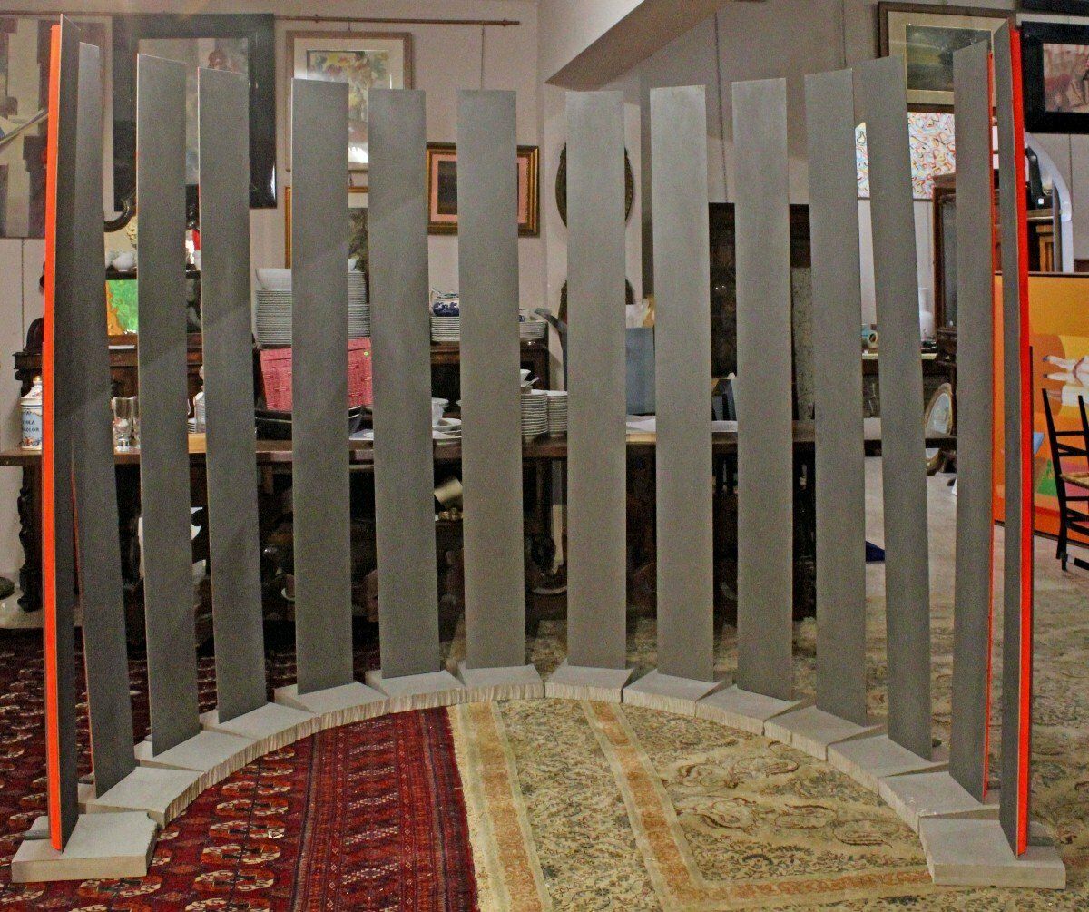 Modern Sculpture In Steel Blades On Cement Pedestals, 20th Century photo furniture
