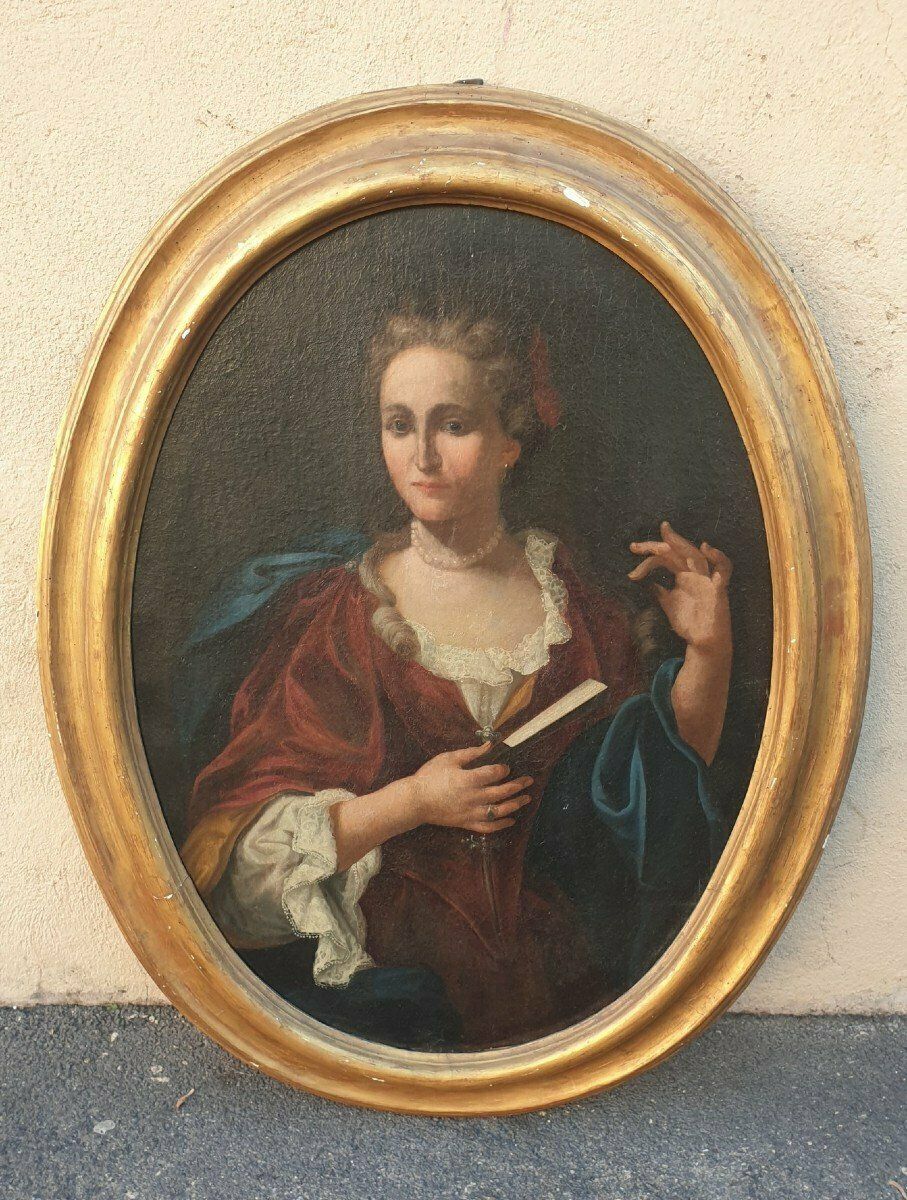 Portrait Of Lady With A Fan, Framed Oval, Eighteenth Century