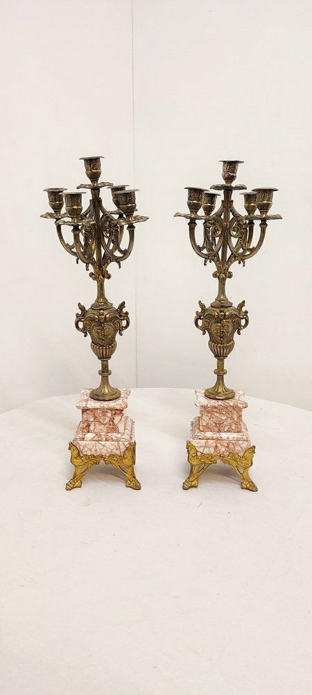 Gilt Metal And Marble Candle Holders France 1940s Set Of 2