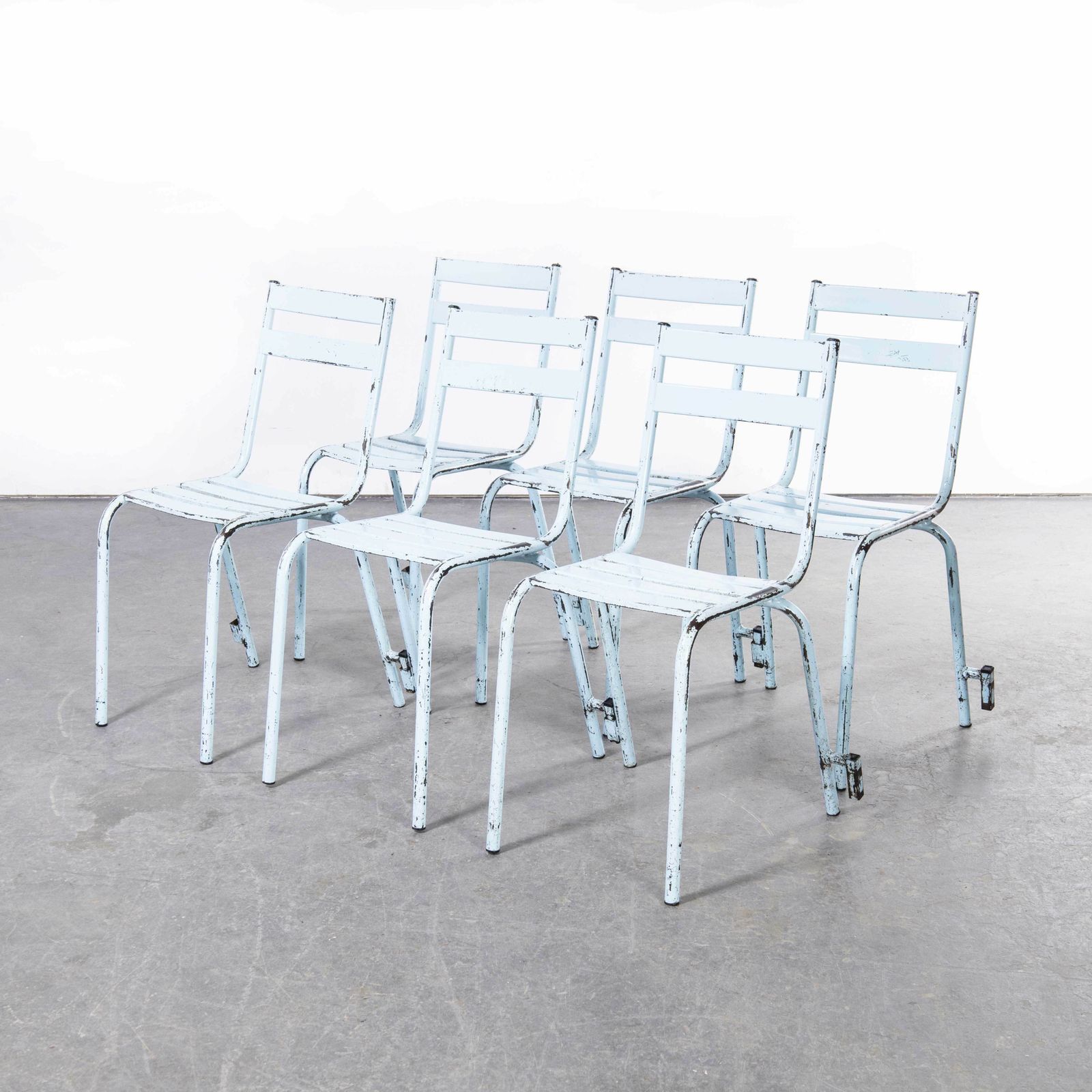 1950’s French Artprog Sky Blue Metal Stacking Outdoor Chairs \