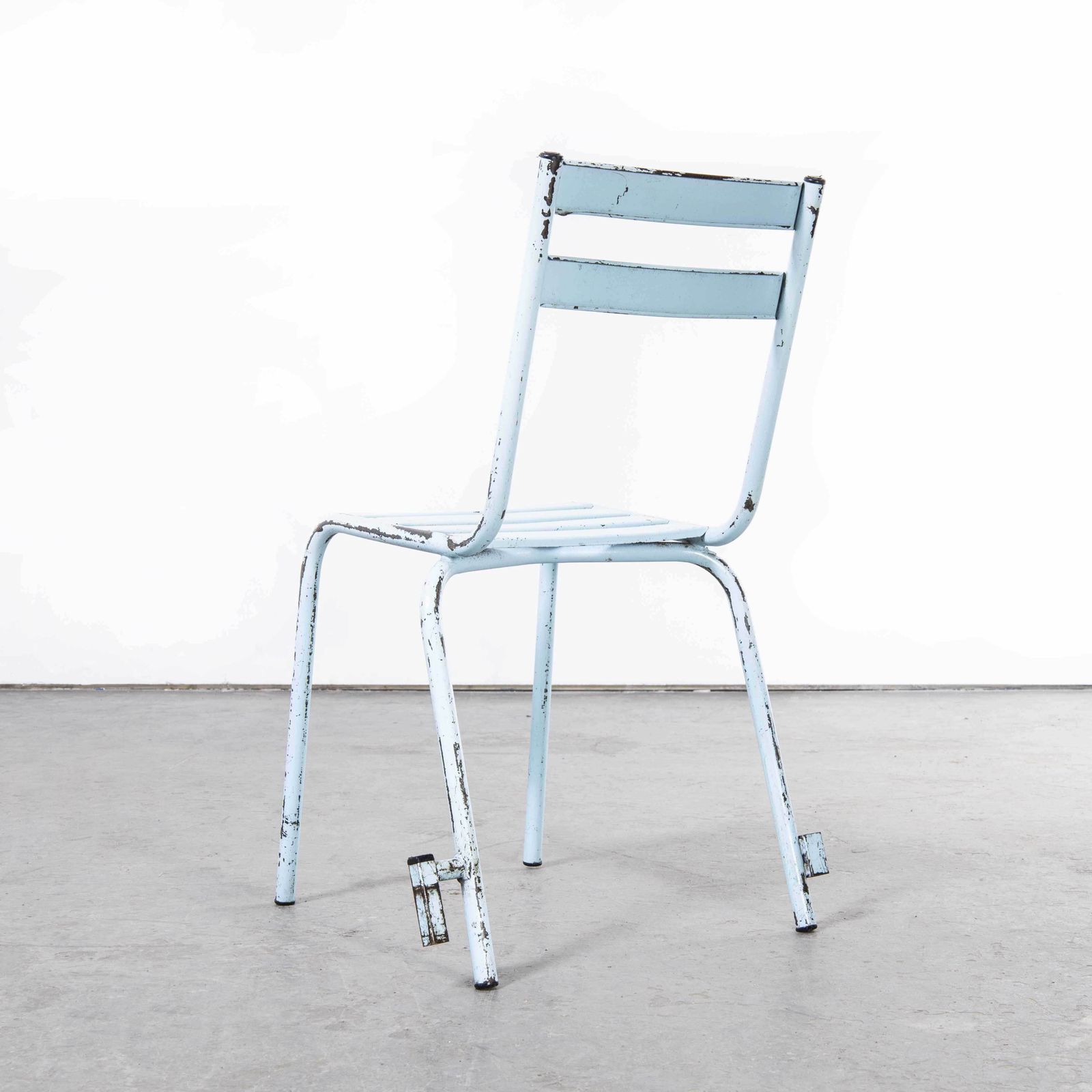 photo for sale 1950’s French Artprog Sky Blue Metal Stacking Outdoor Chairs \