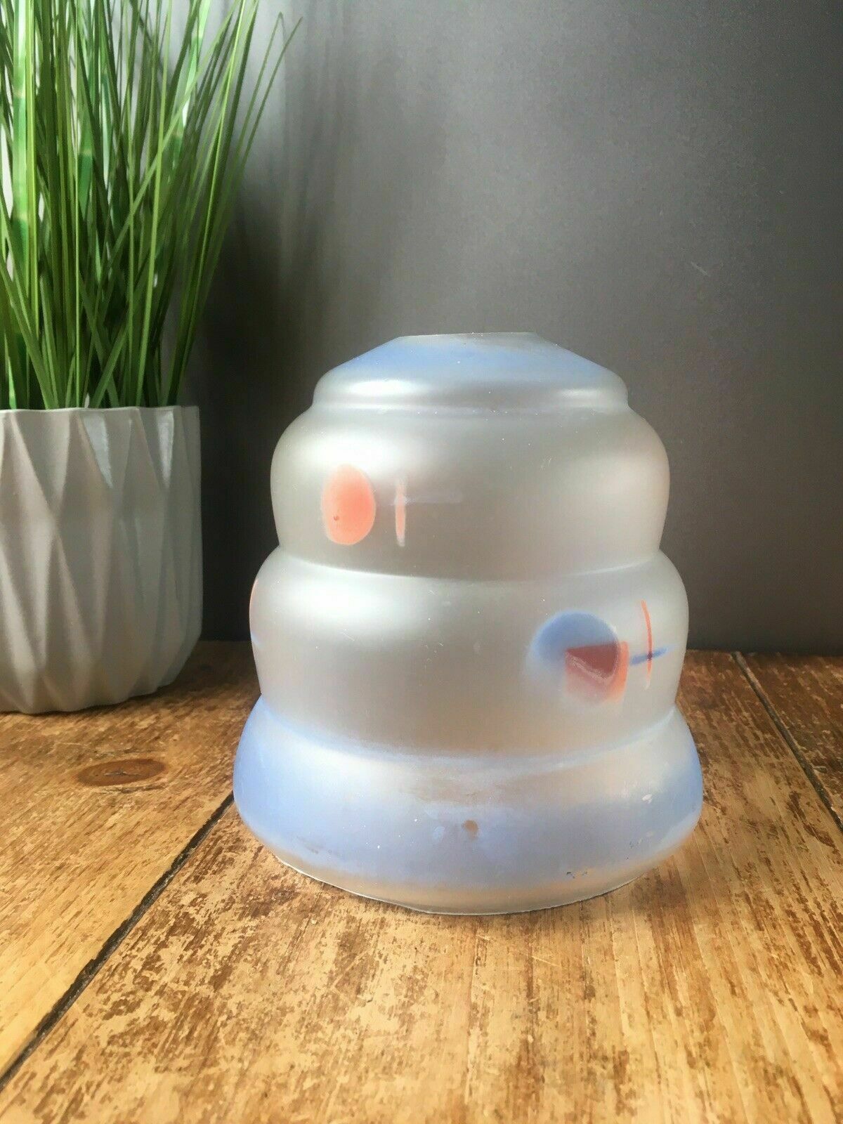 Art Deco 1930s Blue Red Frosted Geometric Beehive Glass Lamp Light Shade Vintage photo for sale
