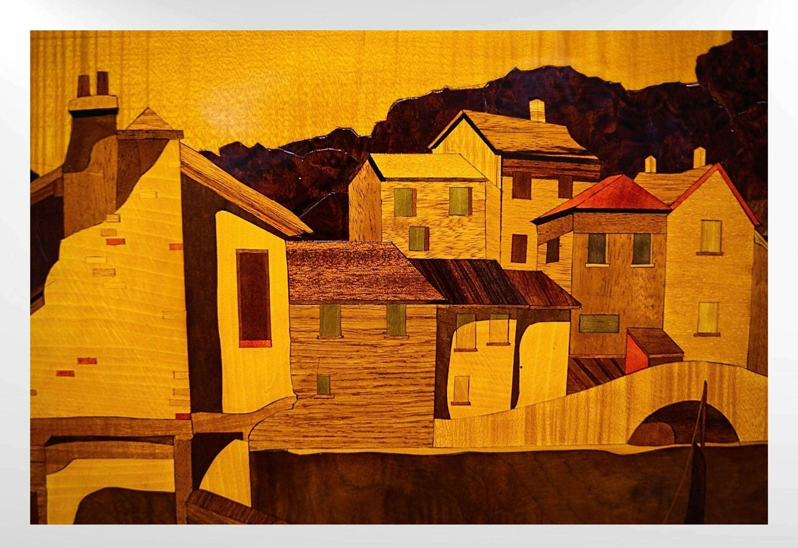 Mid Century Inlay Burl Wood Marquetry Wall Art Of A Coastal Scenery, Artist Signed & Dated photo for sale