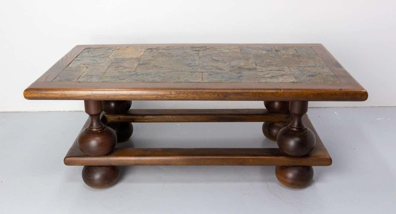 French Slate And Wood Coffee Table, Mid Century photo Furniture