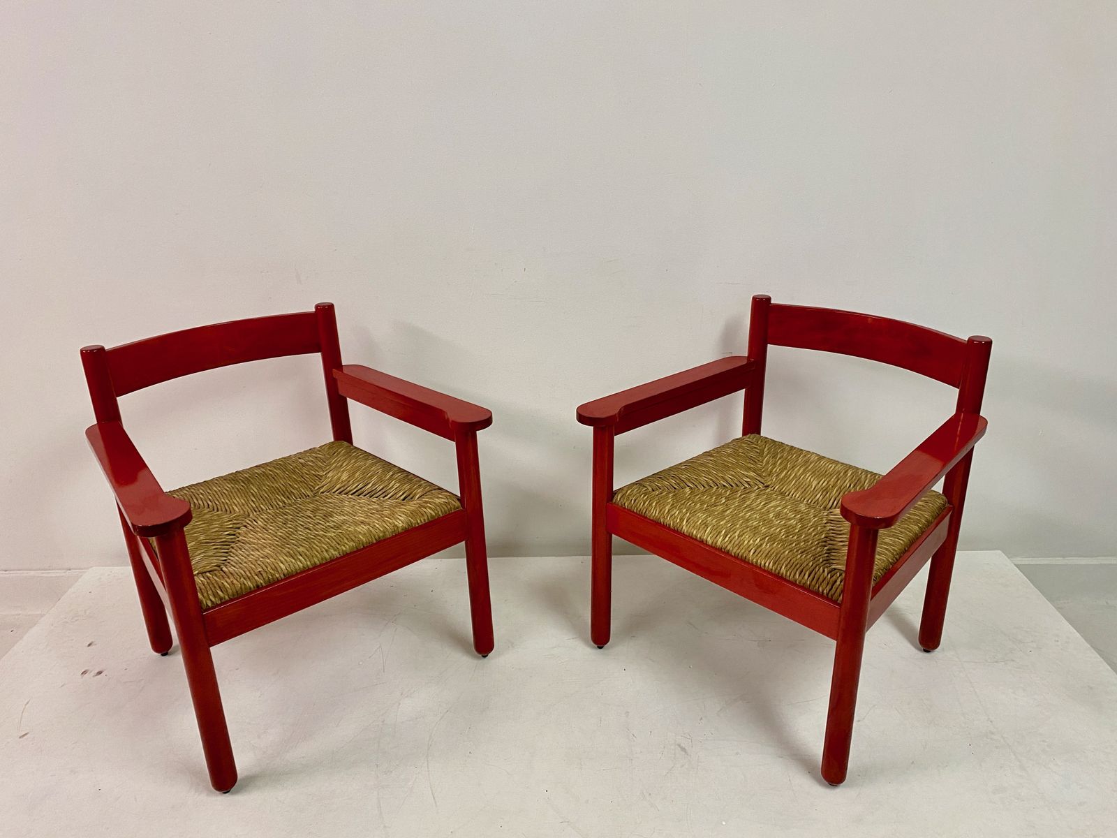 Pair Of Italian Red Armchairs With Rush Seats photo 2195.0