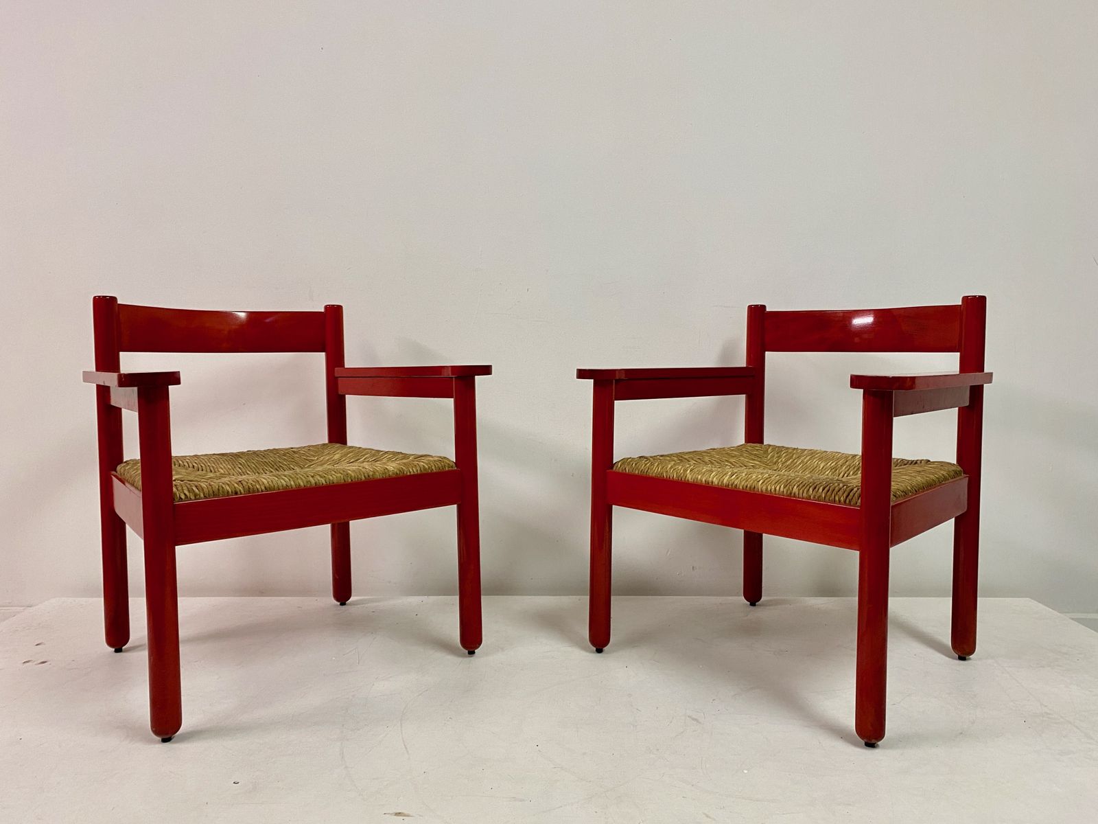 Pair Of Italian Red Armchairs With Rush Seats photo vinterior