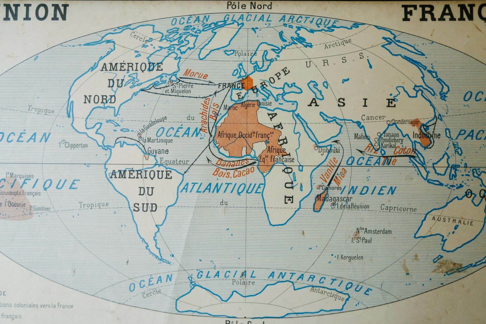 Original Vintage French Educational School Wall Chart Planisphere British Empire French Overseas Territories photo Art