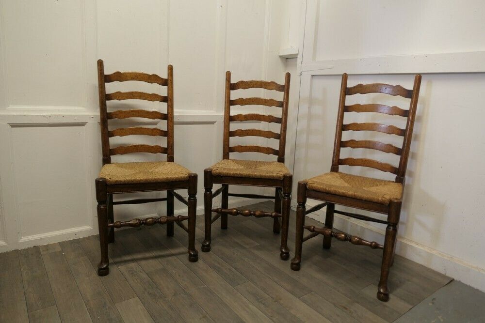 19th Century Set Of 3 Farmhouse Ladder Back Dining Chairs