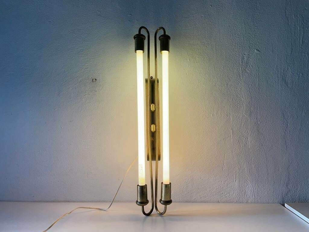 Art Deco Brass Industrial Cinema Sconce With Two Fluorescent Tubes, 1930s, Germany photo for sale