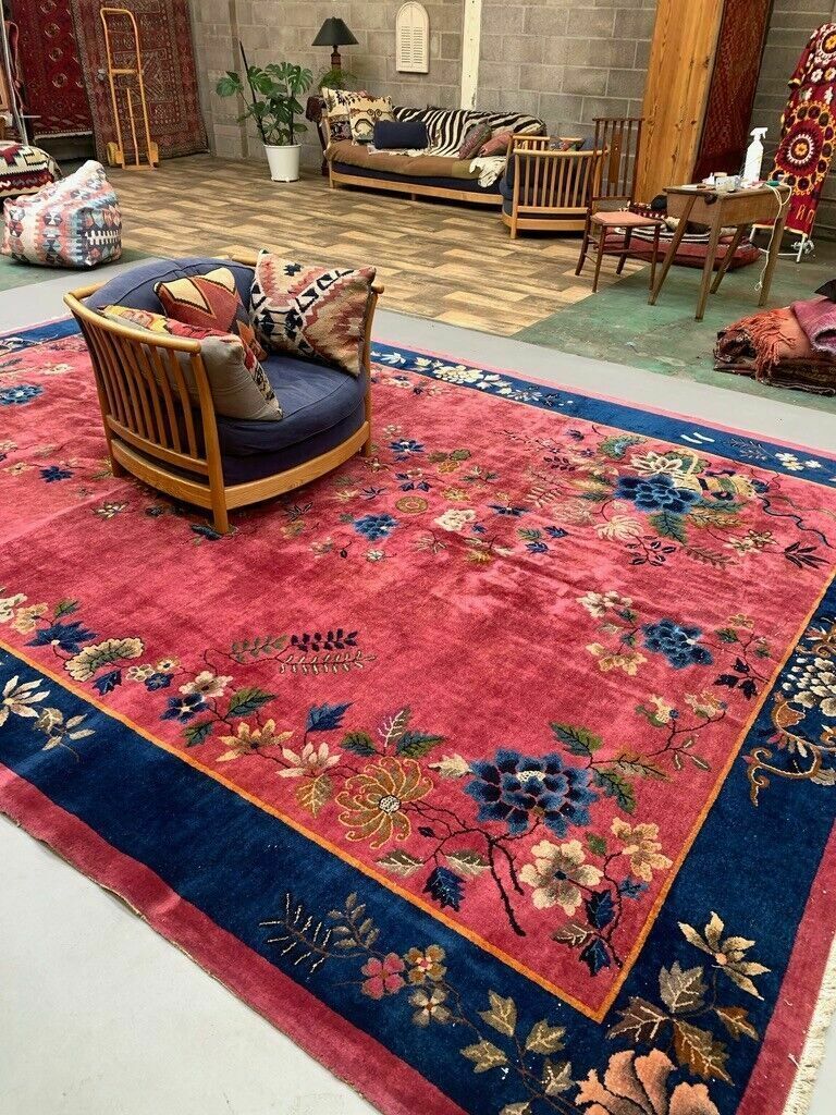 Large Chinese Art Deco Carpet, 448x308 Cm, 1920s Wool, Handmade, Pink Blue Rug