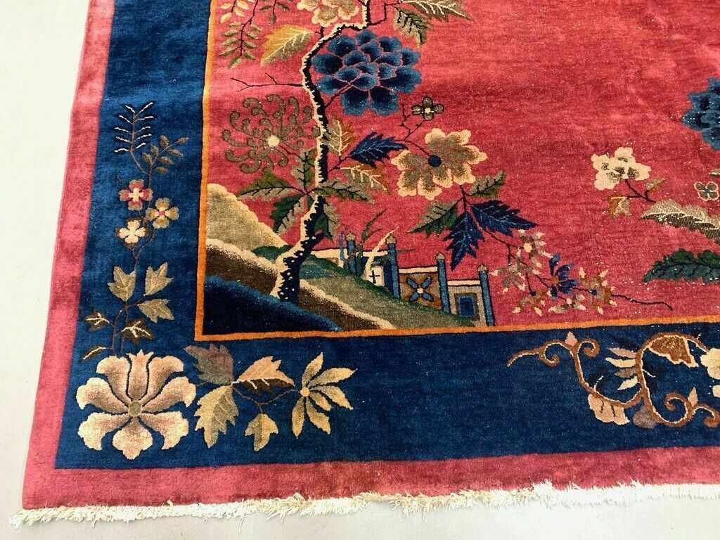 Large Chinese Art Deco Carpet, 448x308 Cm, 1920s Wool, Handmade, Pink Blue Rug photo buy