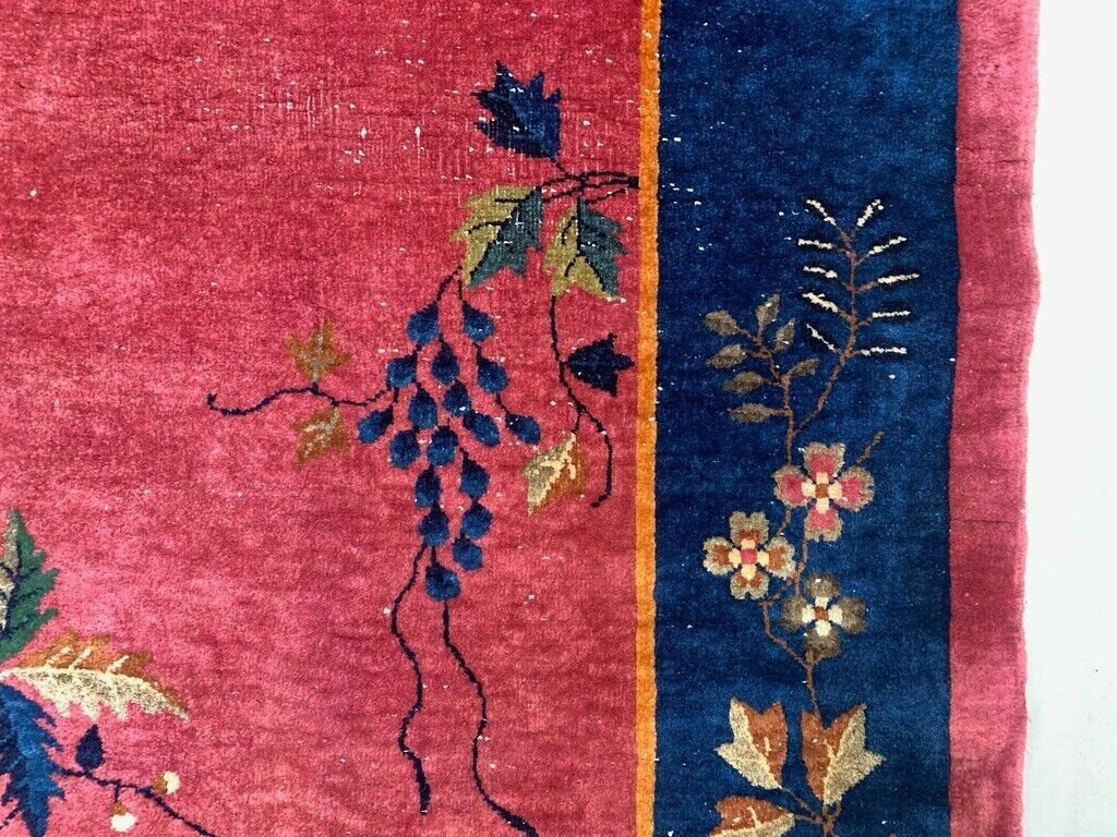 Large Chinese Art Deco Carpet, 448x308 Cm, 1920s Wool, Handmade, Pink Blue Rug photo vintage
