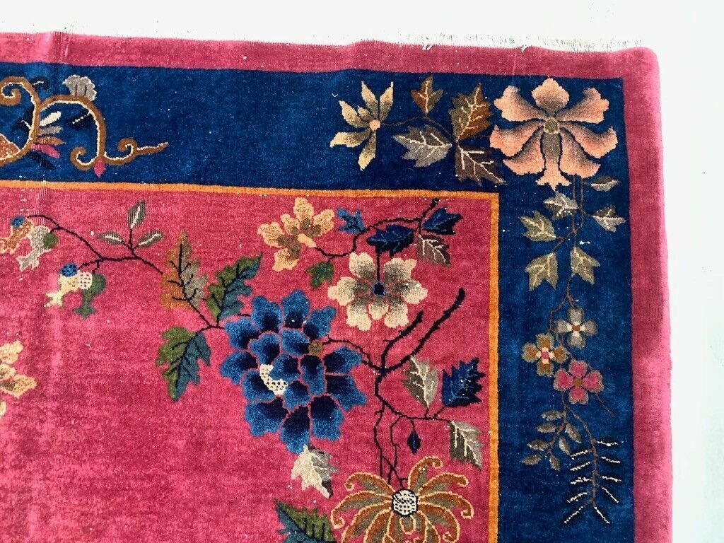 photo furniture Large Chinese Art Deco Carpet, 448x308 Cm, 1920s Wool, Handmade, Pink Blue Rug