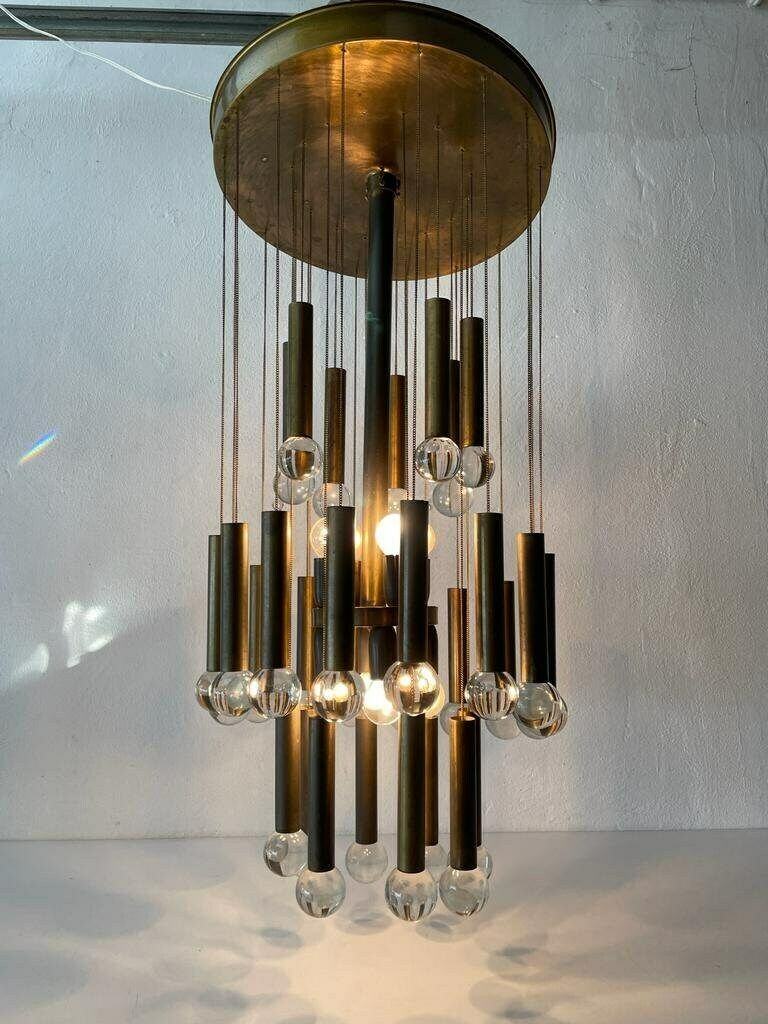 Exceptional Multiple Tubes With Glass Balls Italian Design Brass Chandelier, 1960s, Italy photo furniture
