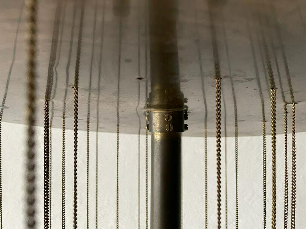 photo for sale Exceptional Multiple Tubes With Glass Balls Italian Design Brass Chandelier, 1960s, Italy