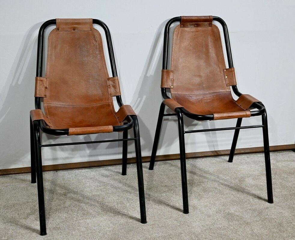 Pair Of Metal And Leather Chairs, After C. Perriand For Les Arcs – 1960 photo furniture
