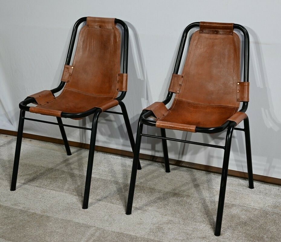 Pair Of Metal And Leather Chairs, After C. Perriand For Les Arcs – 1960 photo for sale