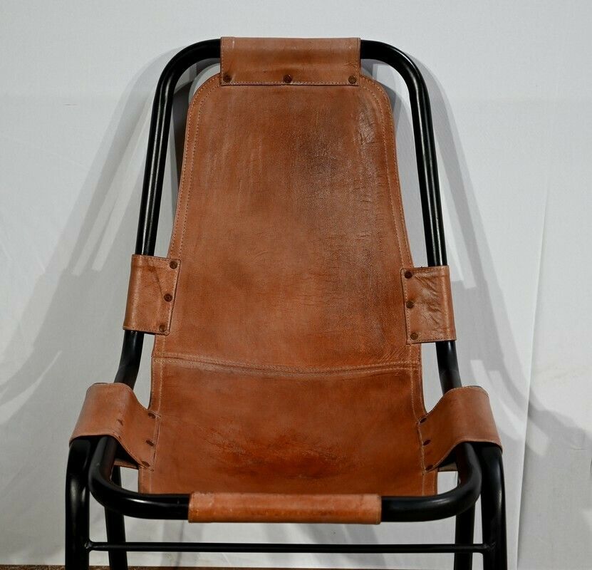 Pair Of Metal And Leather Chairs, After C. Perriand For Les Arcs – 1960 photo vintage