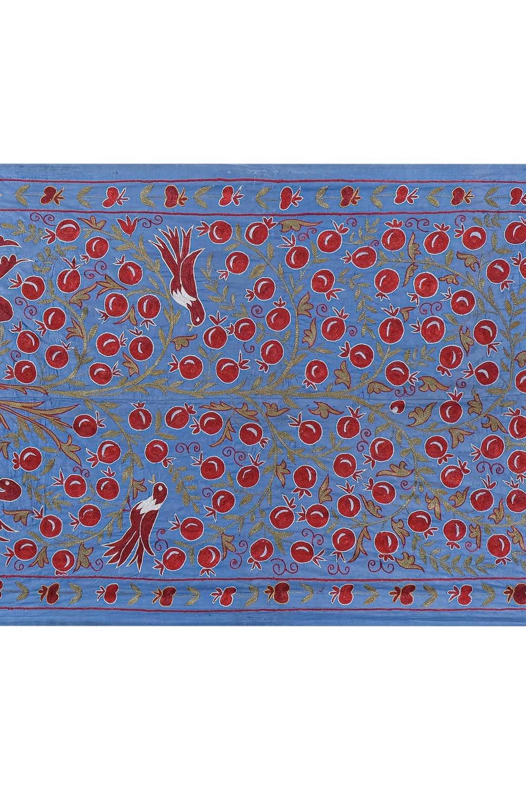 Silk Suzani Blue Table Runner With Pomegranate Design, Animal Pictorial Samarkand Wall Decor 3'6'' X 6'3'' photo Textiles