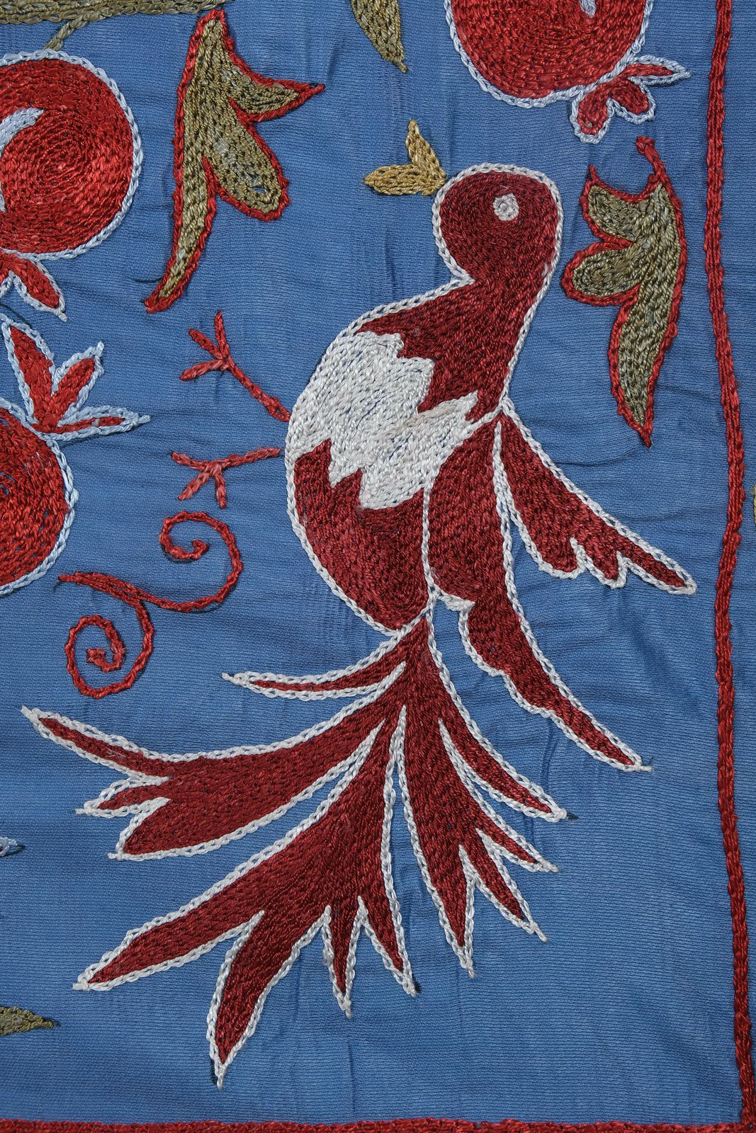 Silk Suzani Blue Table Runner With Pomegranate Design, Animal Pictorial Samarkand Wall Decor 3'6'' X 6'3'' photo vinterior