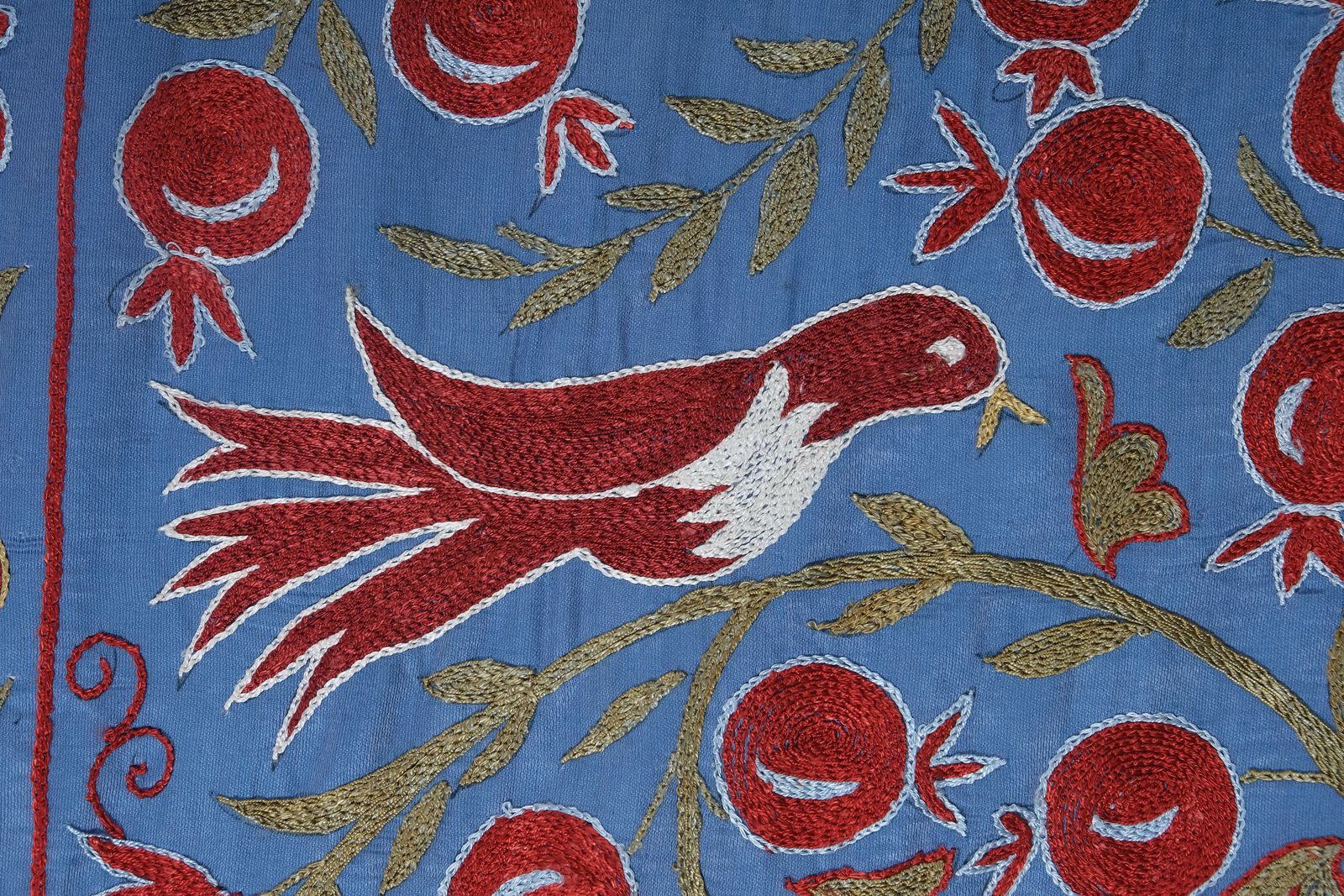 Textiles Silk Suzani Blue Table Runner With Pomegranate Design, Animal Pictorial Samarkand Wall Decor 3'6'' X 6'3'' photo