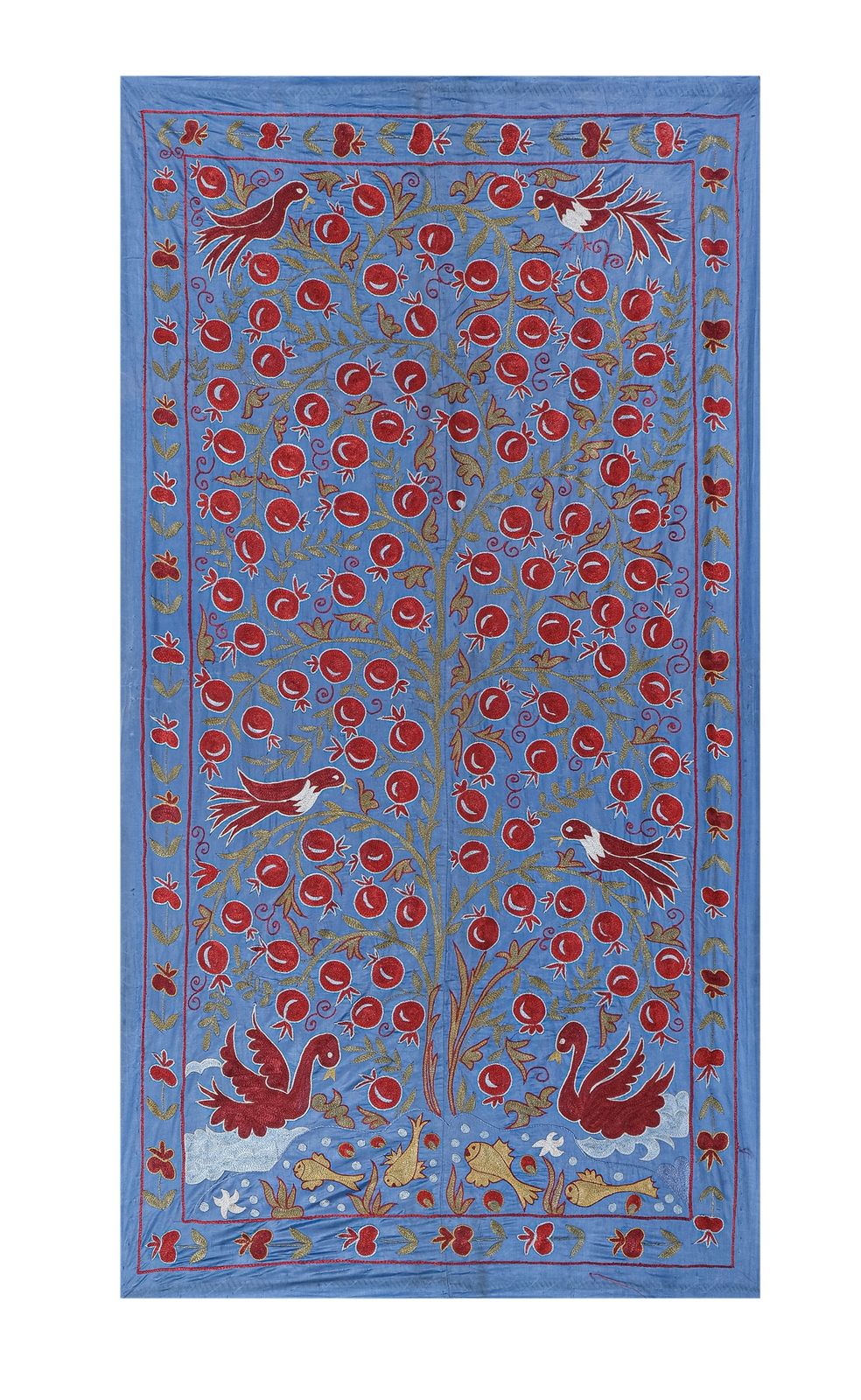 Silk Suzani Blue Table Runner With Pomegranate Design, Animal Pictorial Samarkand Wall Decor 3'6'' X 6'3''