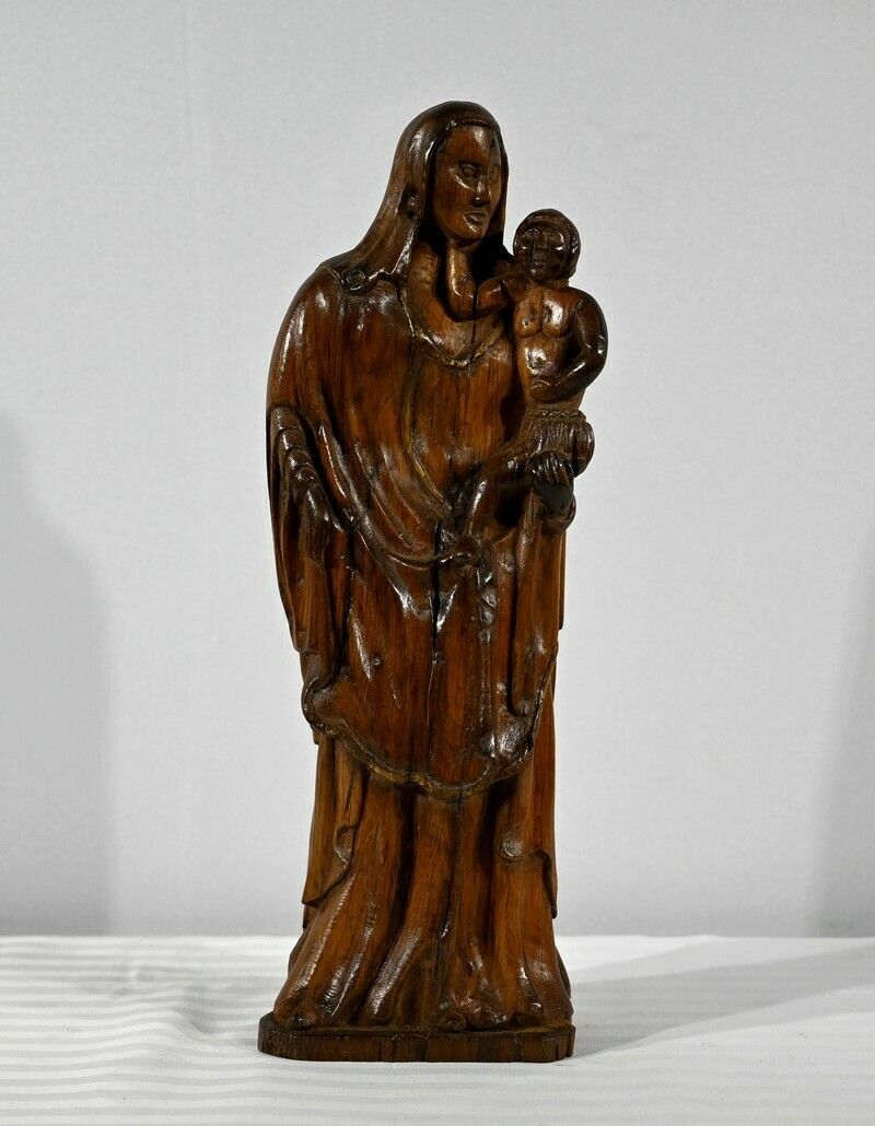 Sculpture In Olive Wood "Madonna And Child"   Late 19th Century