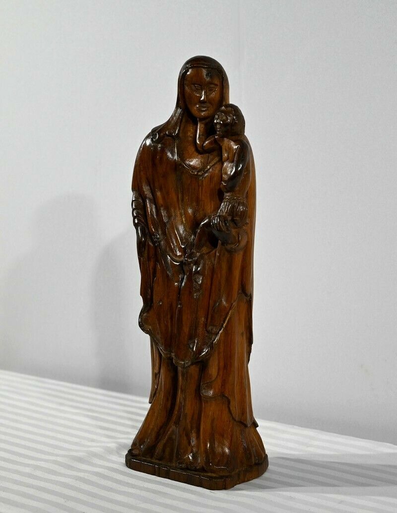 Sculpture In Olive Wood "Madonna And Child"   Late 19th Century photo for sale