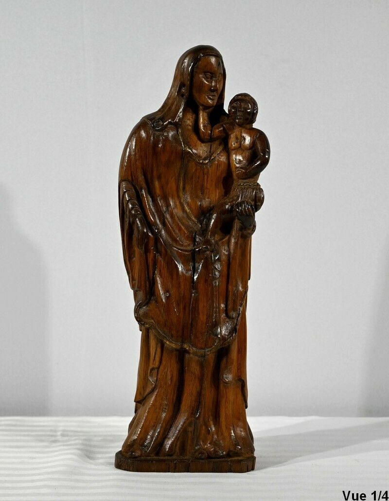 Sculpture In Olive Wood "Madonna And Child"   Late 19th Century photo Home Decor