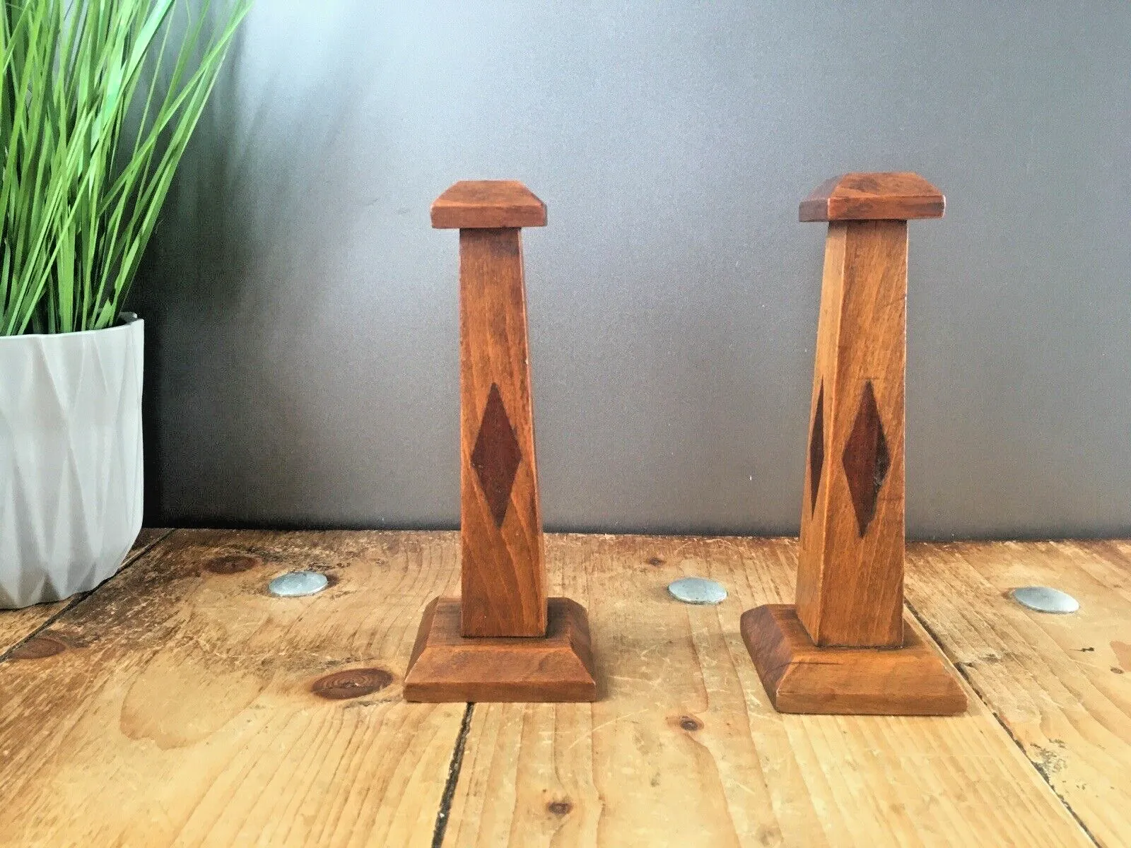 Pair Of Antique Art Deco Inlaid Geometric Oak Wood Candlesticks Candle Holders photo 75.0