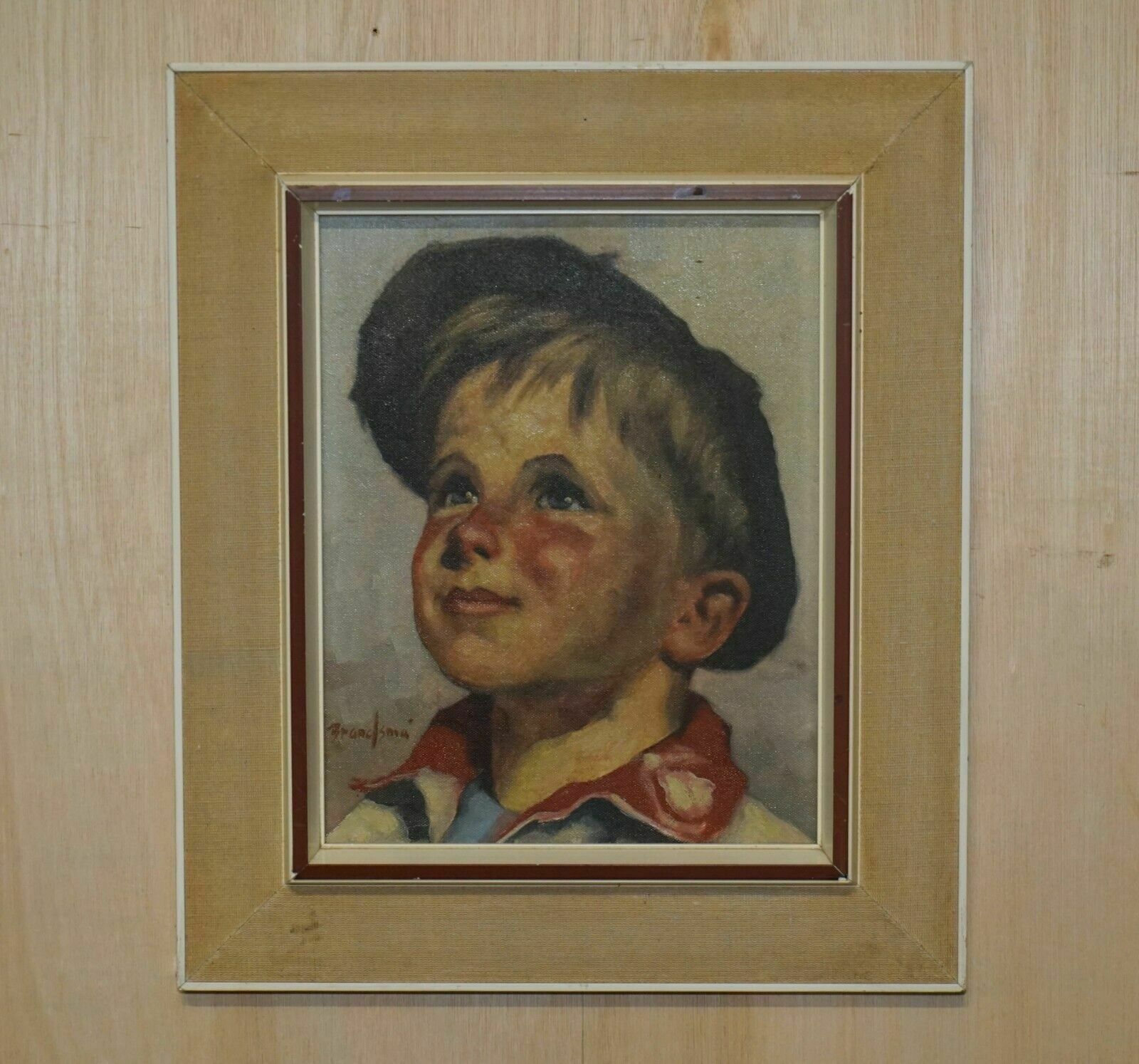 Antique Signed Brandsma Belgium Oil On Canvas Painting Of Young Boy Part Set
