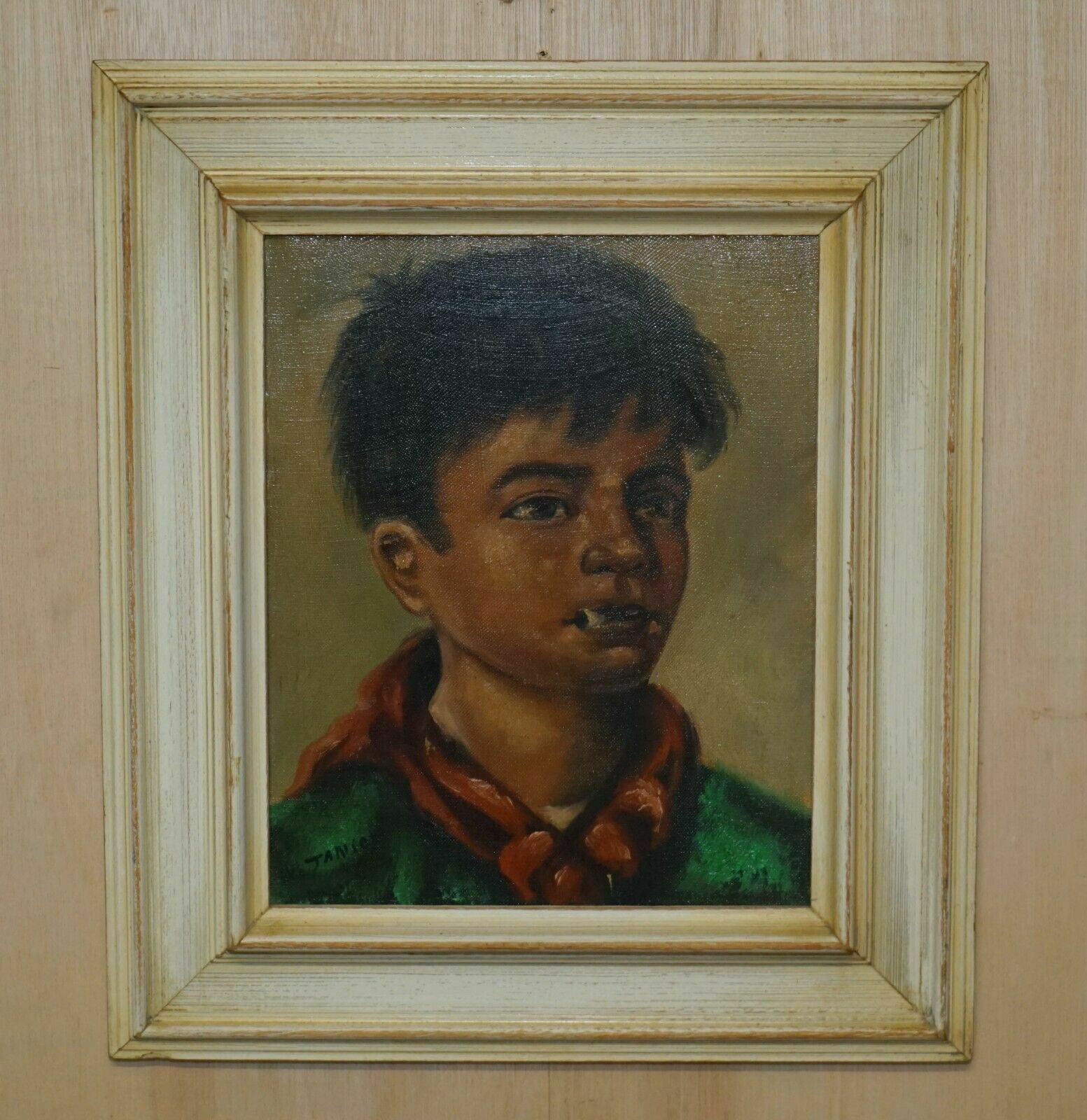 Antique Signed Janson Belgium Oil On Canvas Painting Of Young Boy Smoking