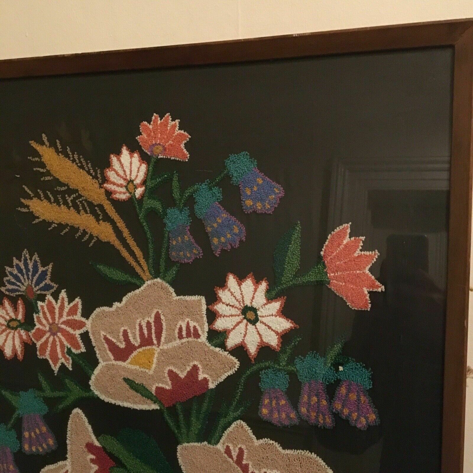 Xl Large Wonderful Vintage Framed Floral Flowers Embroidery Nouveau 70s Revival photo for sale