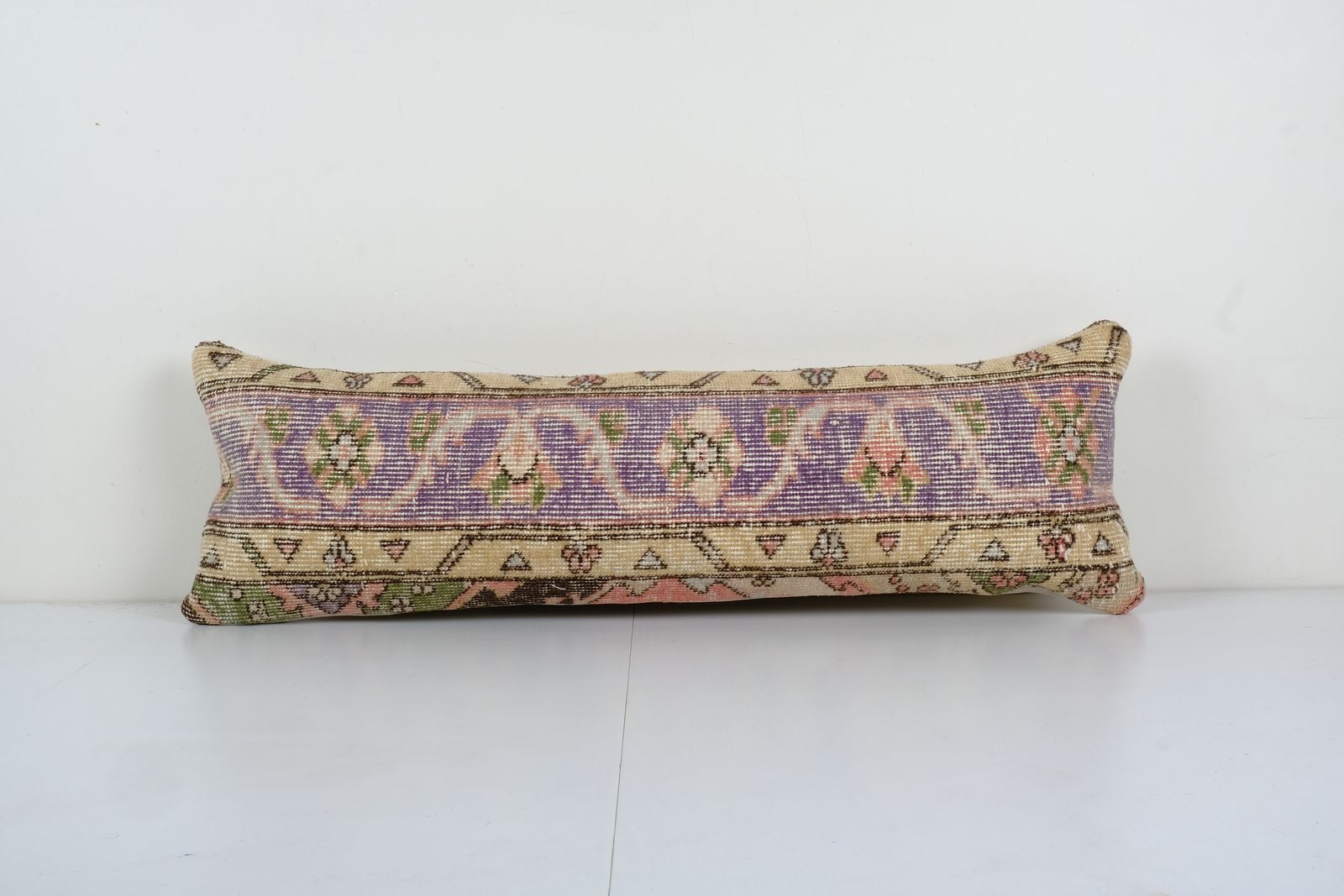 Pillow Case Fashioned From A Vintage Turkish Wool Cover, Mid 20th Century Anatolian Carpet 12'' X 35''