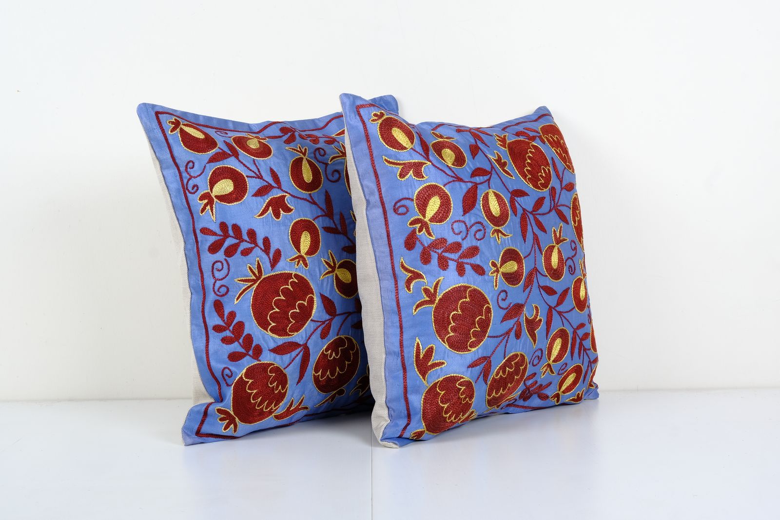 Matching Suzani Textile Pillow, Tree Of Life Motifs Embroidered Suzani Silk Cover 19'' X 19'' photo for sale