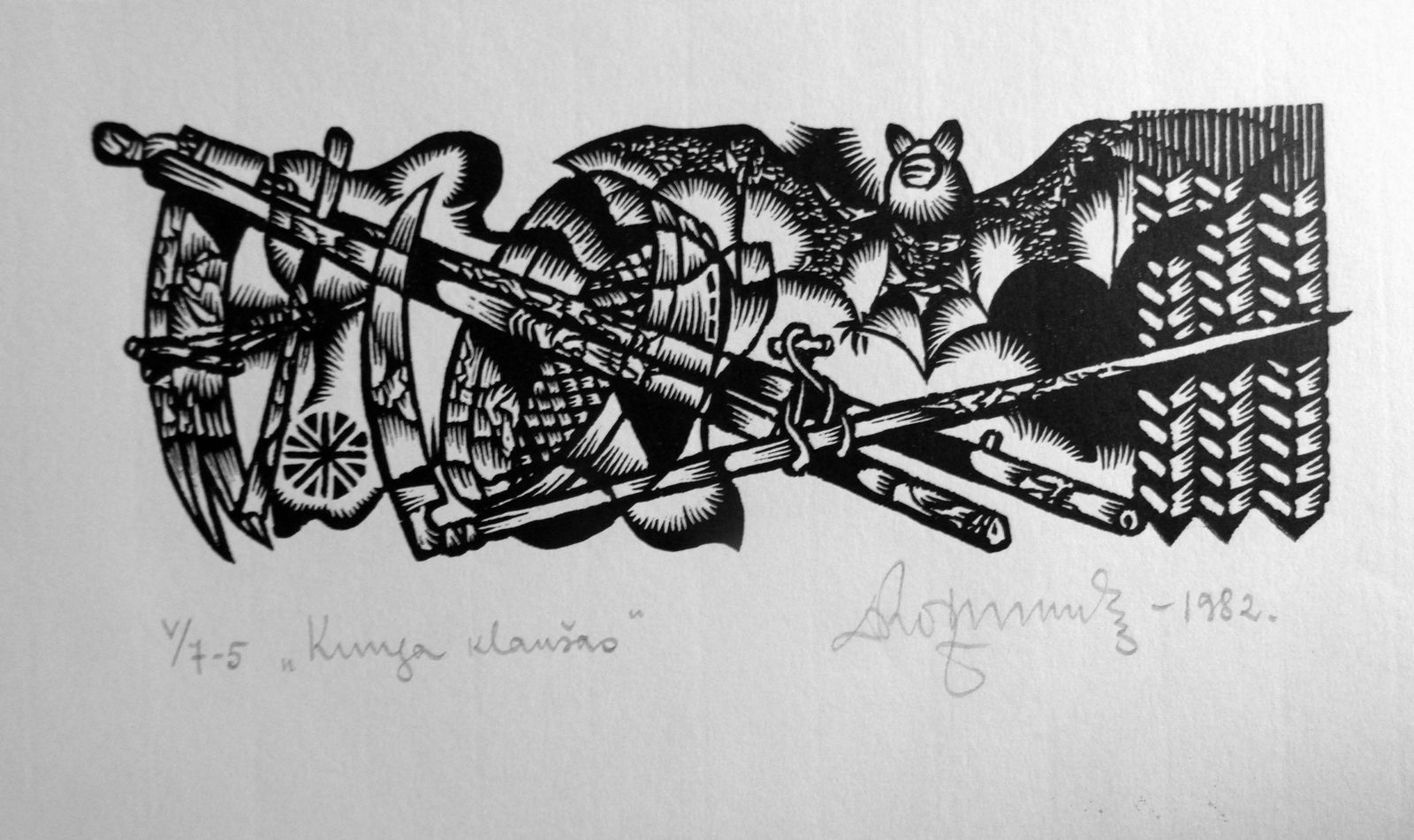Dainis Rozkalns Bat And Tools. 1982. Paper, Linocut,