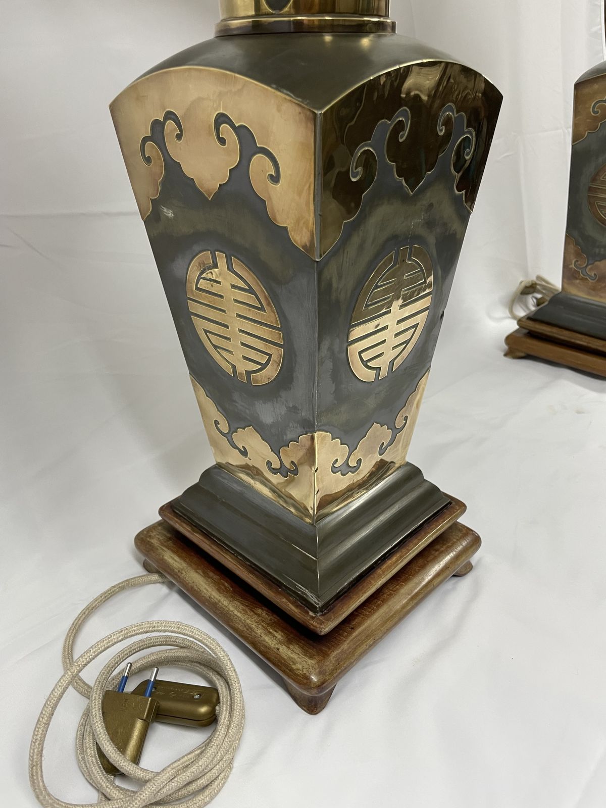photo furniture Pair Of Metal Lamps With Brass Applications On Wooden Bases.  50's