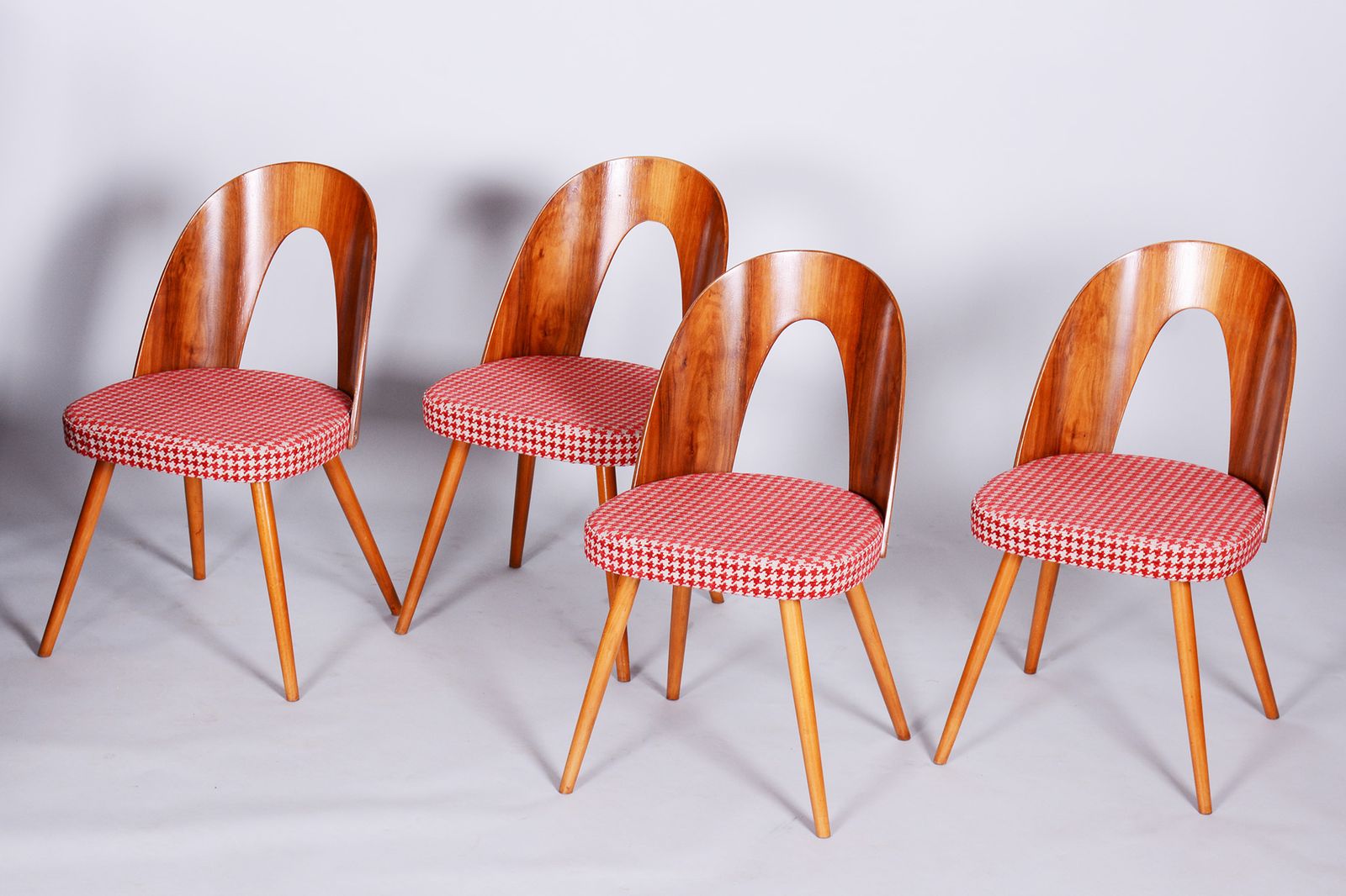 Four Restored Mid Century Chairs, Antonin Suman, Beech, Walnut, Czechia, 1950s