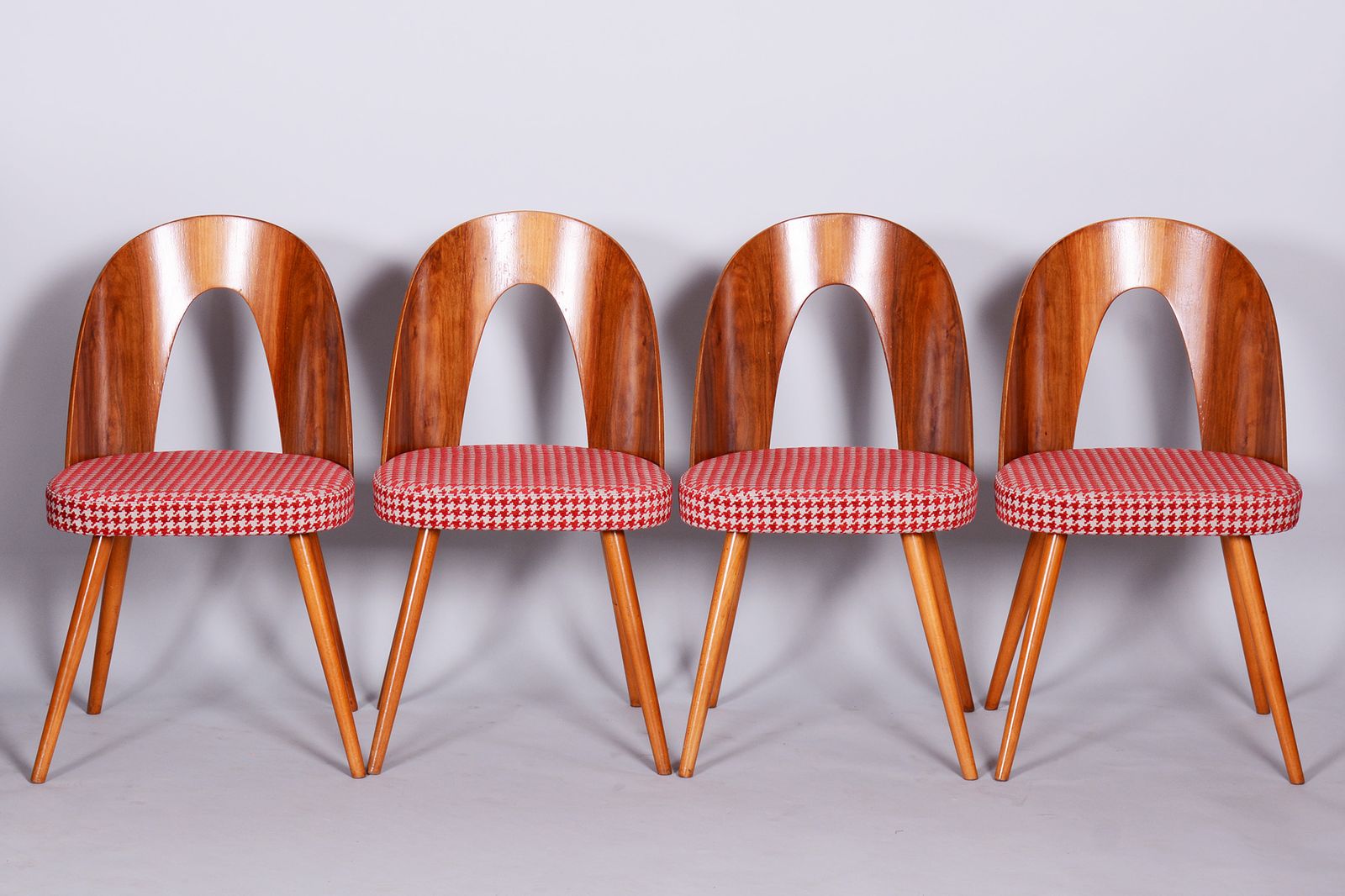 photo for sale Four Restored Mid Century Chairs, Antonin Suman, Beech, Walnut, Czechia, 1950s