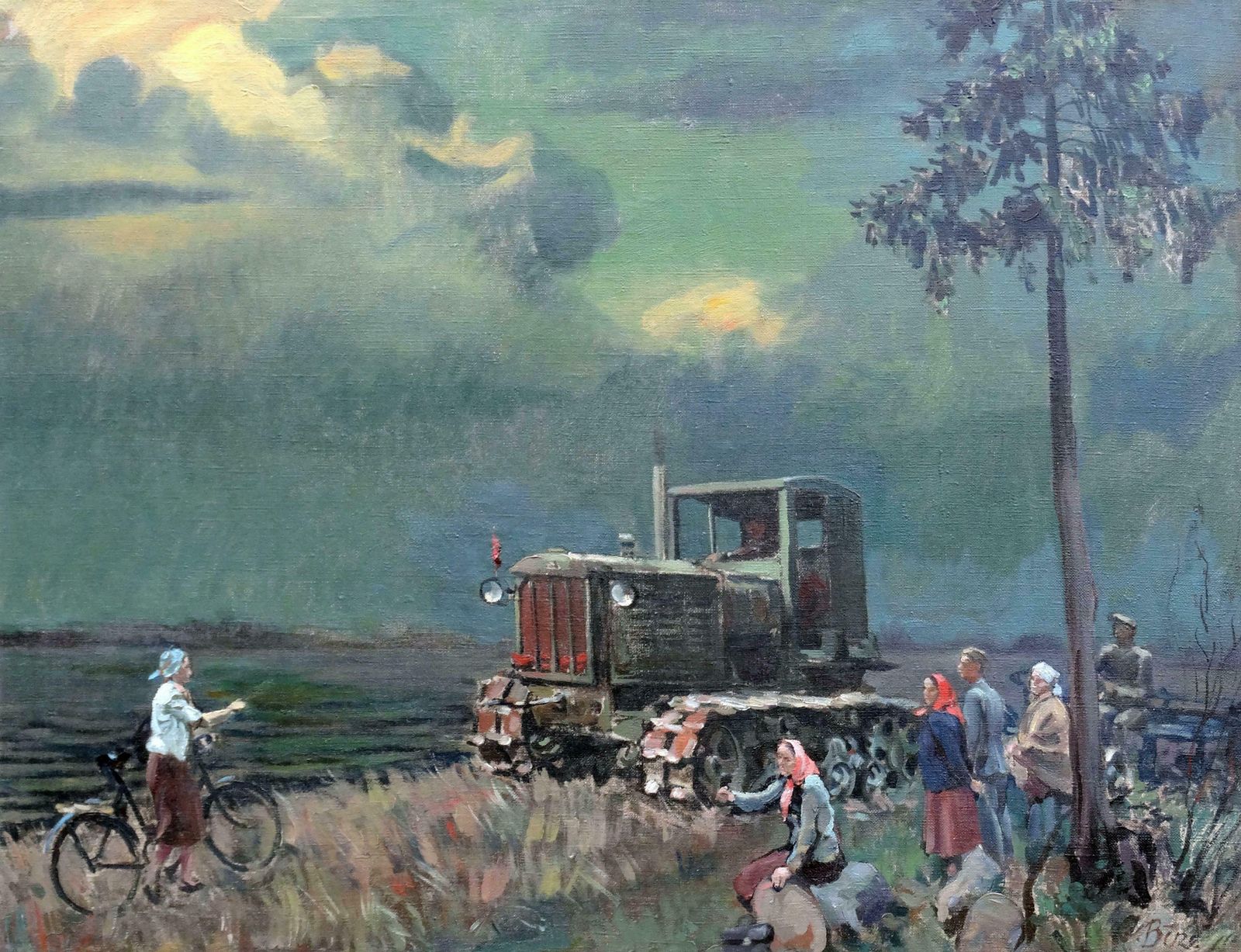 Jekabs Bine Afternoon. Workers With Lorry By The River. Oil On Canvas