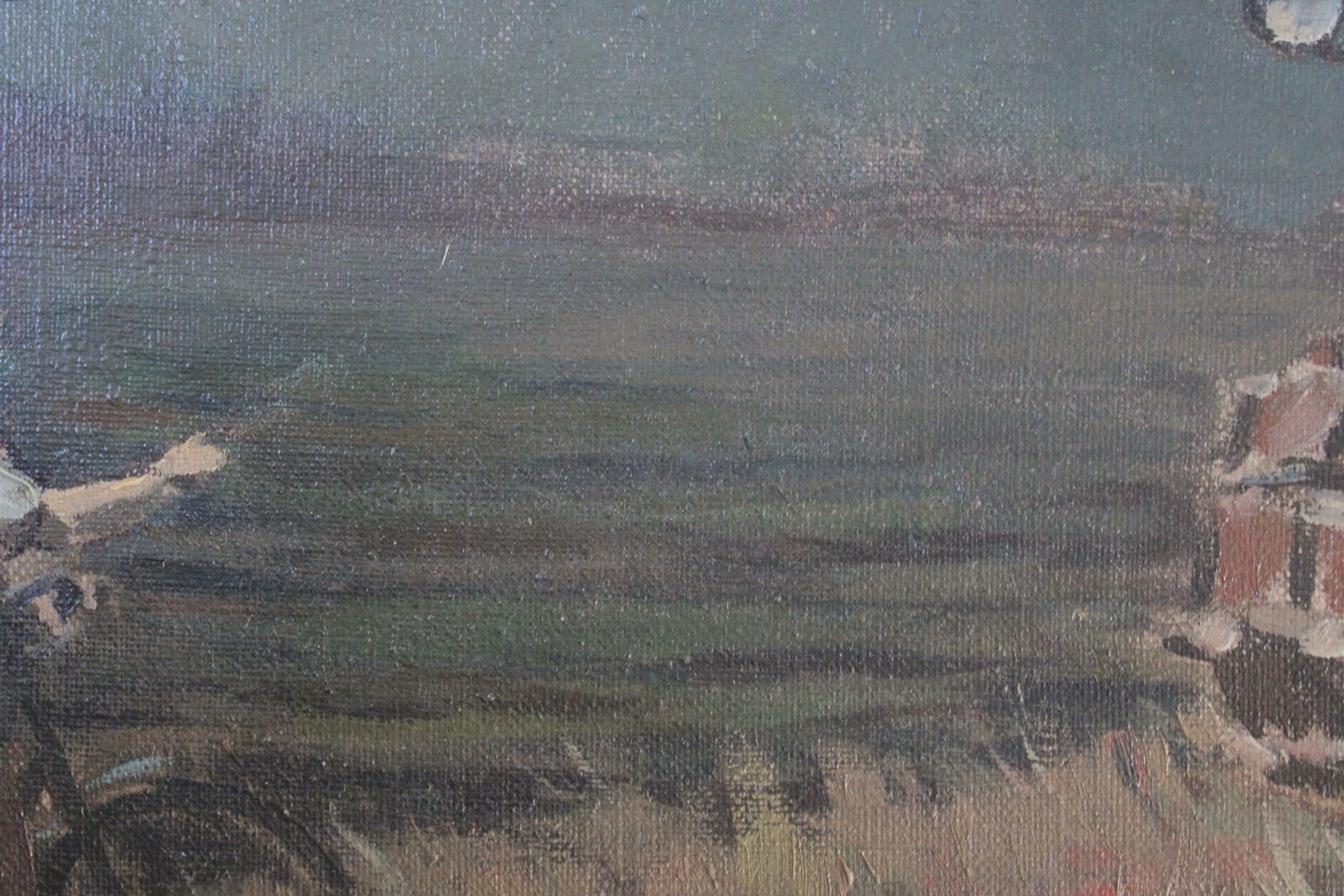 Jekabs Bine Afternoon. Workers With Lorry By The River. Oil On Canvas photo vintage