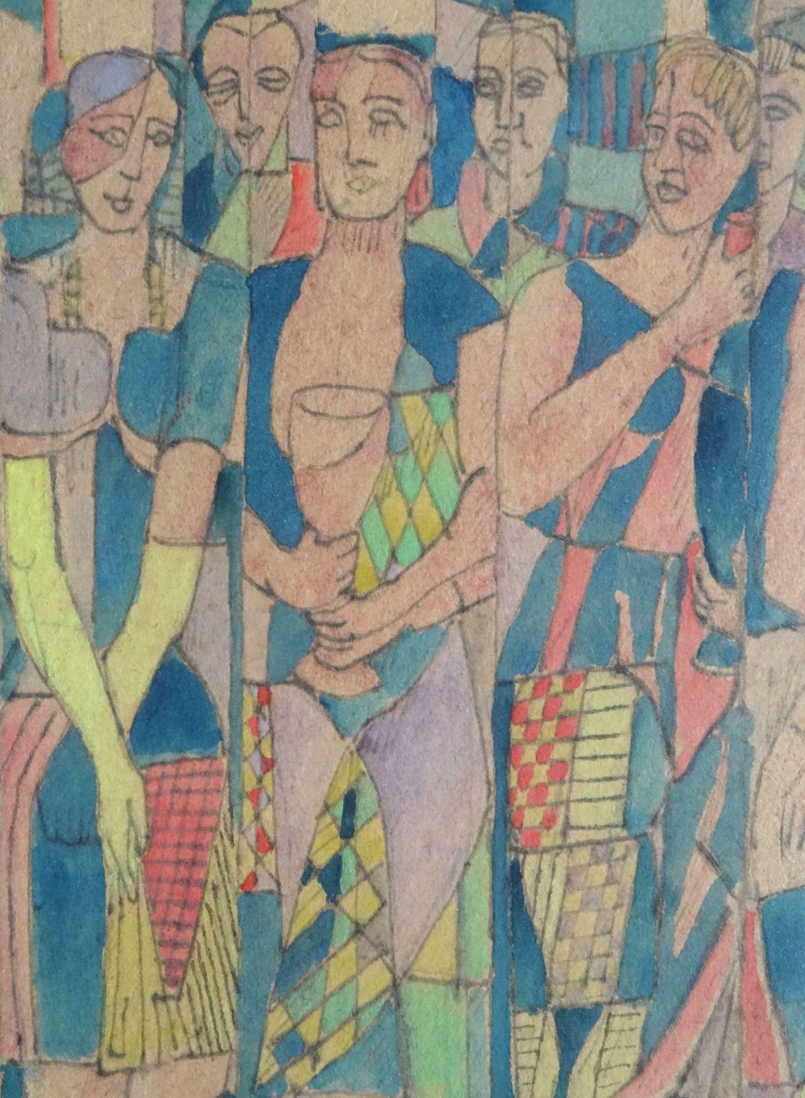 Adolfs Zardins Four Women With Puppets. 1947, Paper, Mixed Media Art